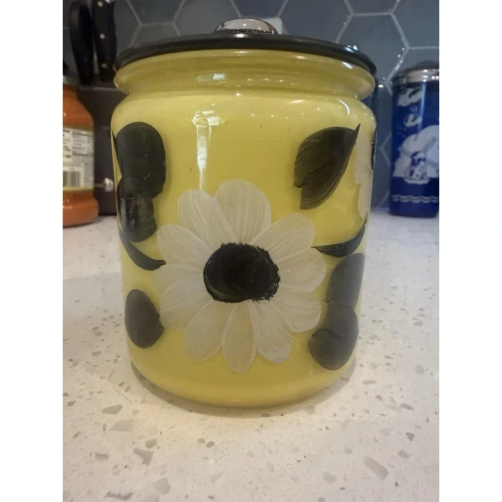 Anchor Hocking Mid Century Hand Painted Yellow Black Flower 5
